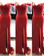 Velvet Mermaid Slit Bridesmaid Dresses Off Shoulder