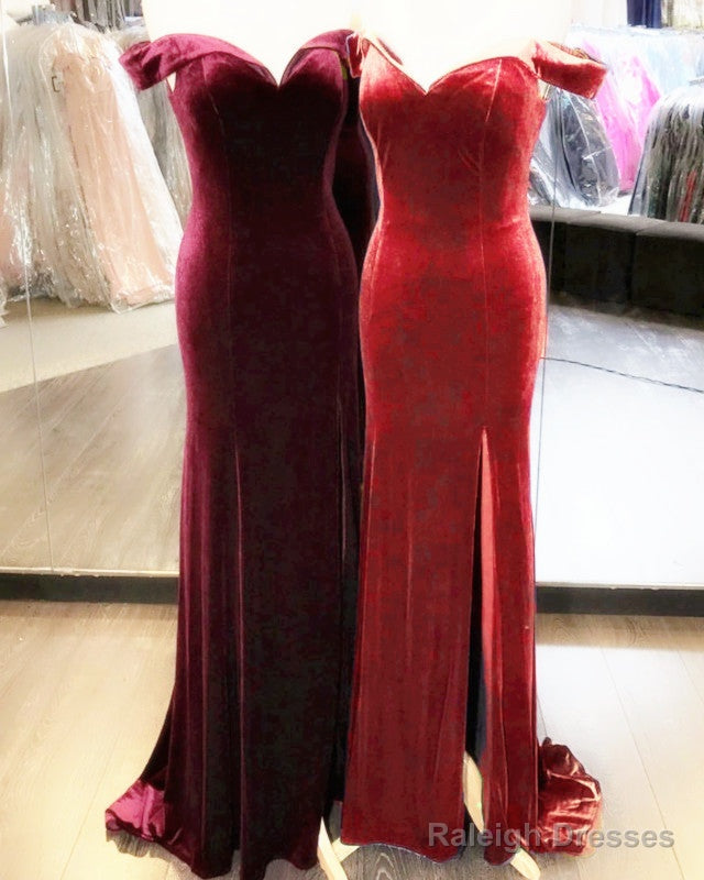 Velvet Mermaid Slit Bridesmaid Dresses Off Shoulder