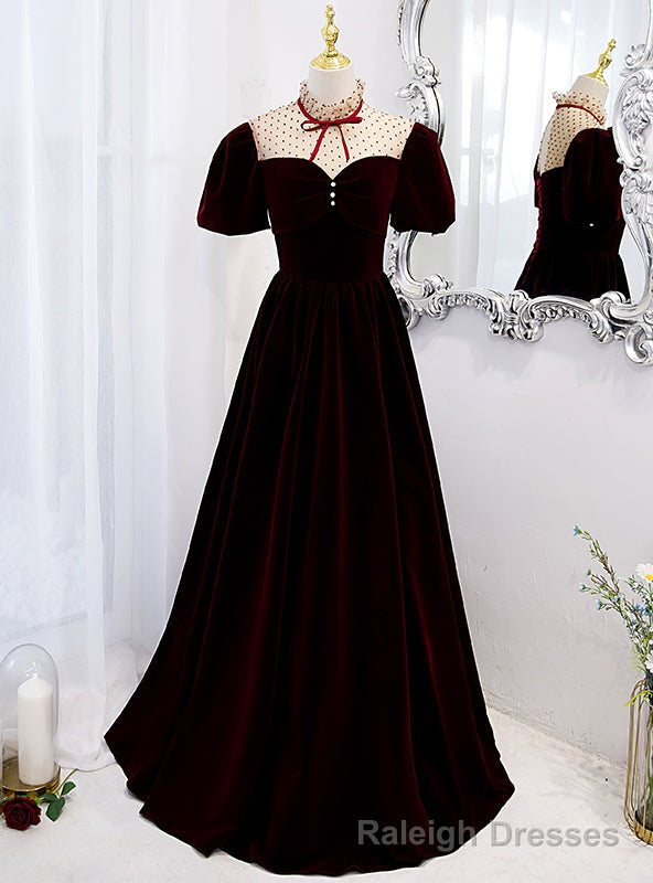 Velvet Puff Sleeve High Neck Backless Prom Dress Main image