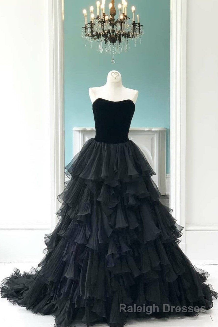 Velvet Strapless Black Prom Gowns with Pleated Tiered Skirt,Prom Dress Main image
