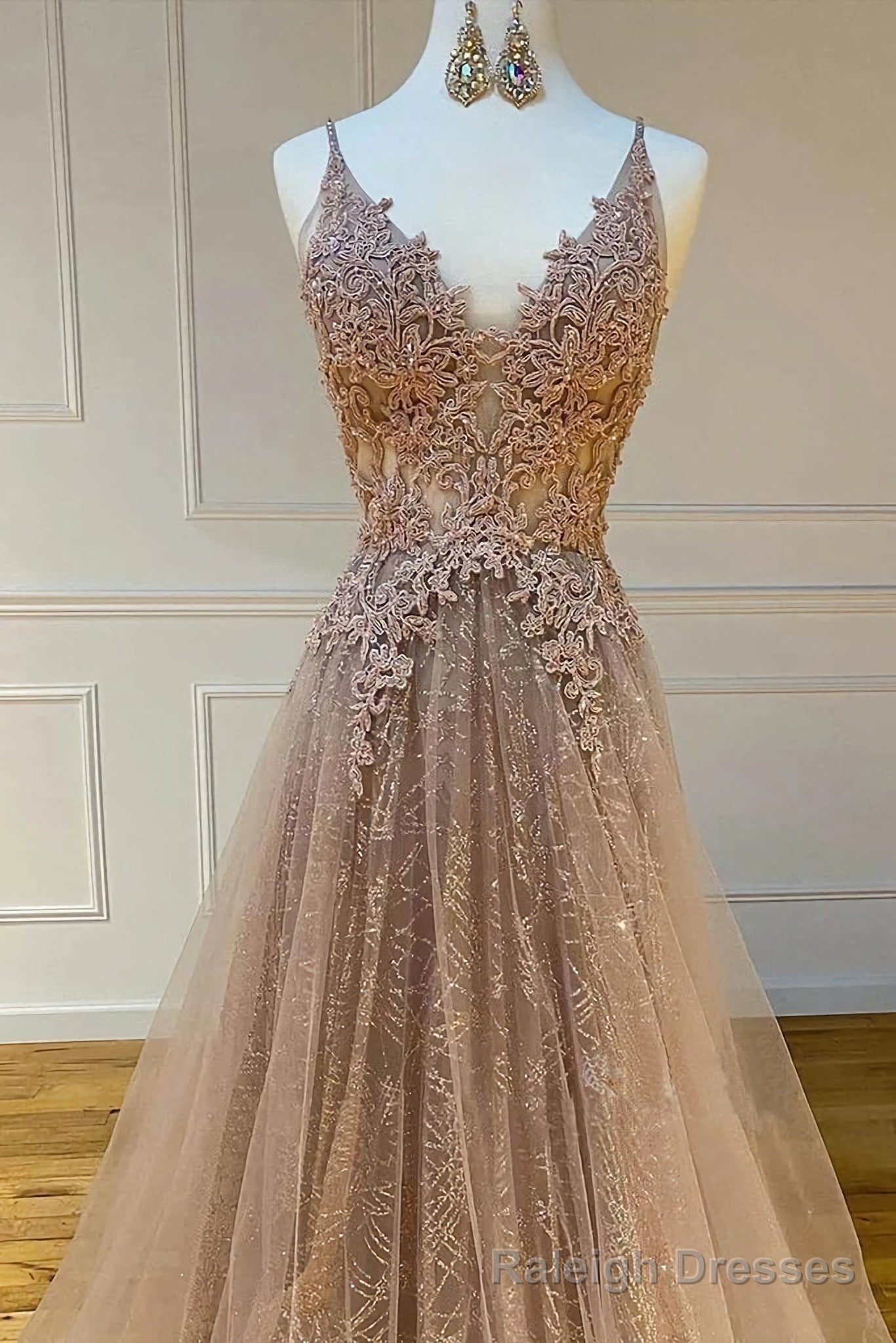 Sparkly Spaghetti Straps V Neck Lace Appliques Prom Dresses, Long Prom Dresses Secondary image