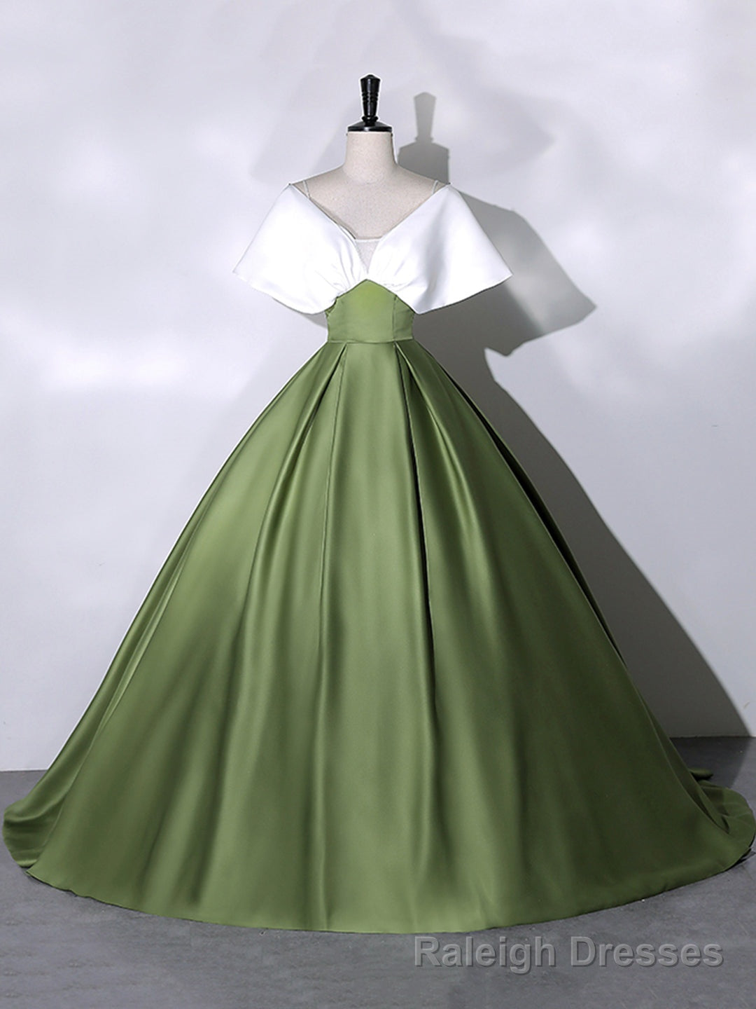 White+Green Satin Floor Length Prom Dress, V-Neck Off the Shoulder Evening Dress Main image