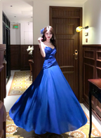 Vibrant Royal Blue A-Line Spaghetti Strap Knot-Embellished Chiffon Long Formal Prom Dress