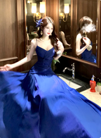 Vibrant Royal Blue A-Line Spaghetti Strap Knot-Embellished Chiffon Long Formal Prom Dress