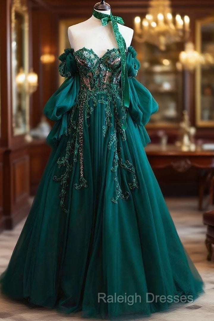 Vintage A Line Appliques Lace-Up A-Line Dark Green Tulle Prom Dresses