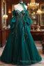 Vintage A Line Appliques Lace-Up A-Line Dark Green Tulle Prom Dresses