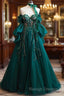 Vintage A-Line Appliques Lace-Up A-Line Dark Green Tulle Prom Dress