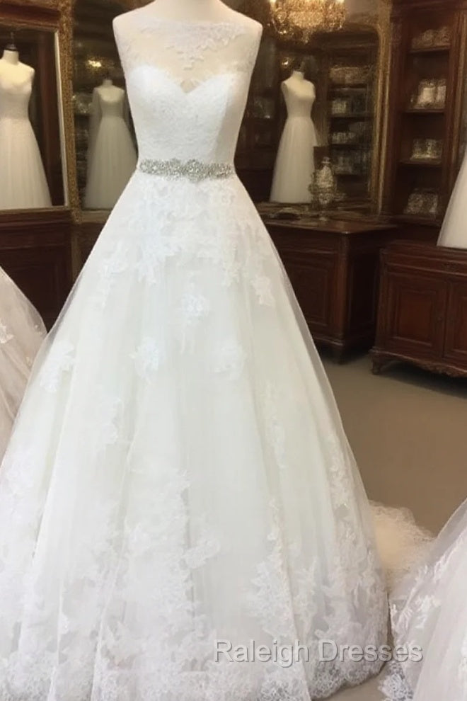 Vintage A-Line Cap Sleeves Crystal Beaded Sashes Wedding Lace Dresses Main image