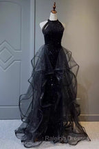 Vintage A Line Halter Black Party Dresses Sequin Prom Dresses