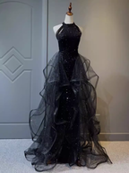 Vintage A-Line Halter Black Prom Dress Sequin Prom Dress