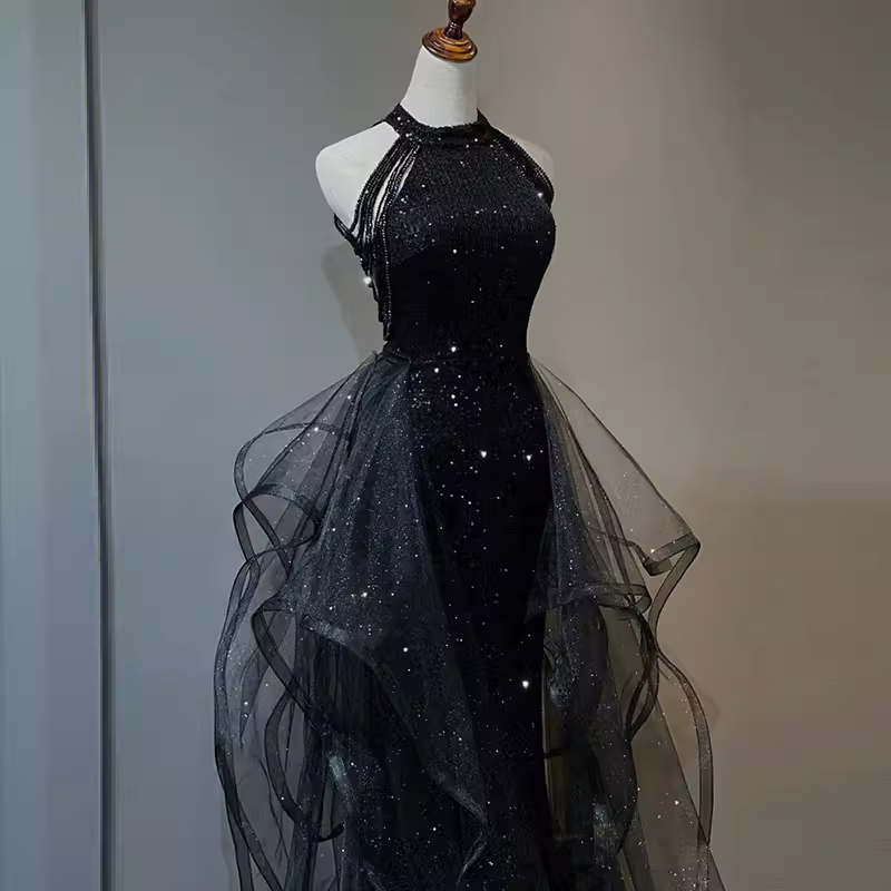 Vintage A-Line Halter Black Prom Dress Sequin Prom Dress