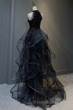 Vintage A Line Halter Black Party Dresses Sequin Prom Dresses
