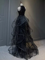 Vintage A-Line Halter Black Prom Dress Sequin Prom Dress