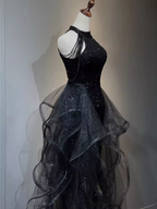 Vintage A-Line Halter Black Prom Dress Sequin Prom Dress