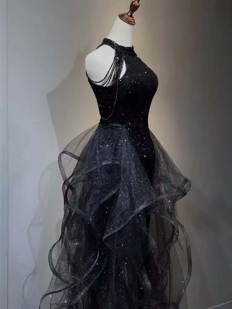 Vintage A-Line Halter Black Prom Dress Sequin Prom Dress