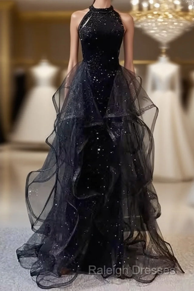 Vintage A Line Halter Black Party Dresses Sequin Prom Dresses