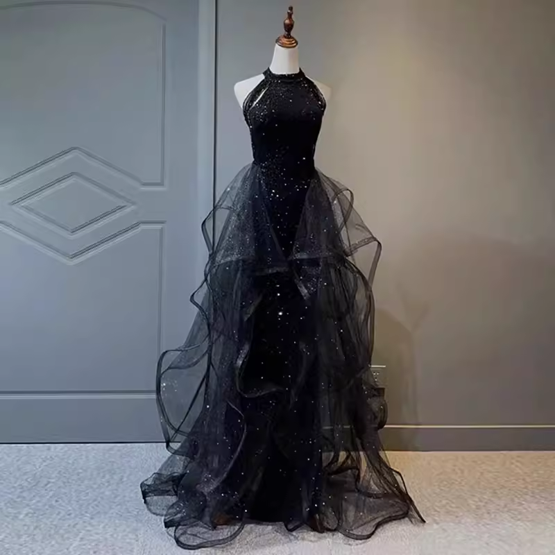 Vintage A-Line Halter Black Prom Dress Sequin Prom Dress