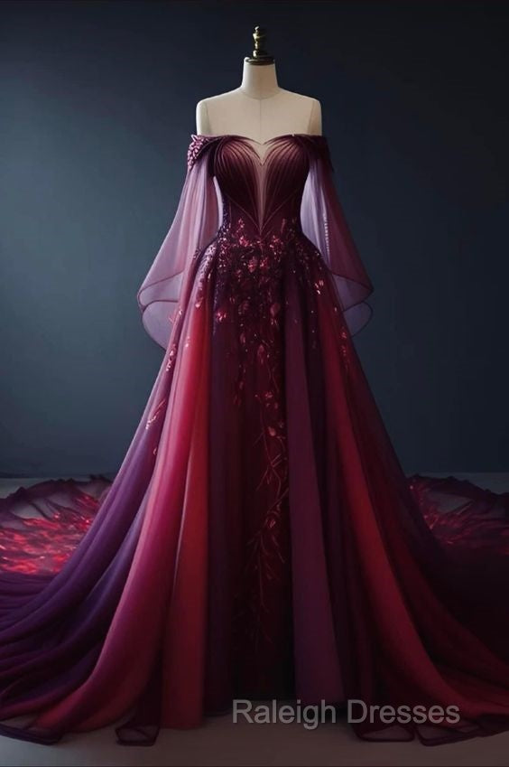 Vintage A Line Off The Shoulder Tulle Burgundy Prom Dress Main image