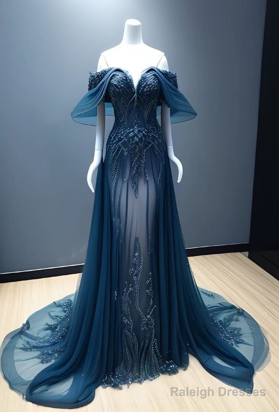 Vintage A Line Off The Shoulder Tulle Navy Blue Prom Dress