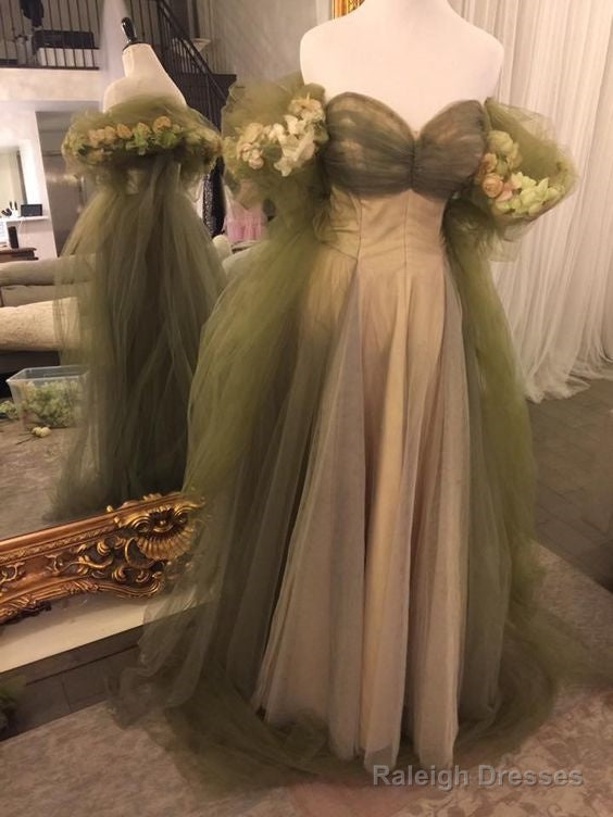 Vintage A Line Off The Shoulder Tulle Sage Green Prom Dress
