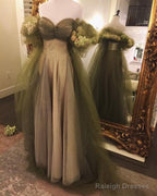 Vintage A Line Off The Shoulder Tulle Sage Green Prom Dress