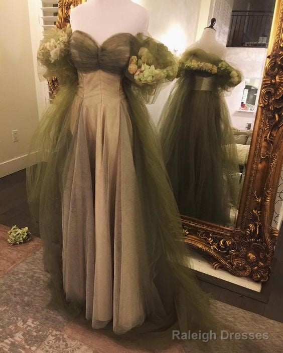 Vintage A Line Off The Shoulder Tulle Sage Green Prom Dress