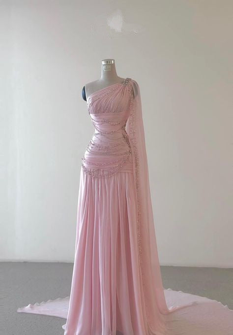 Vintage A Line One Shoulder Pink Chiffon Floor Length Prom Dresses Beads Evening Dress Secondary image