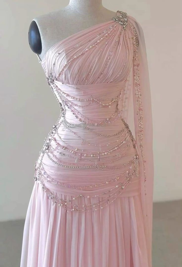 Vintage A Line One Shoulder Pink Chiffon Floor Length Prom Dresses Beads Evening Dress Main image