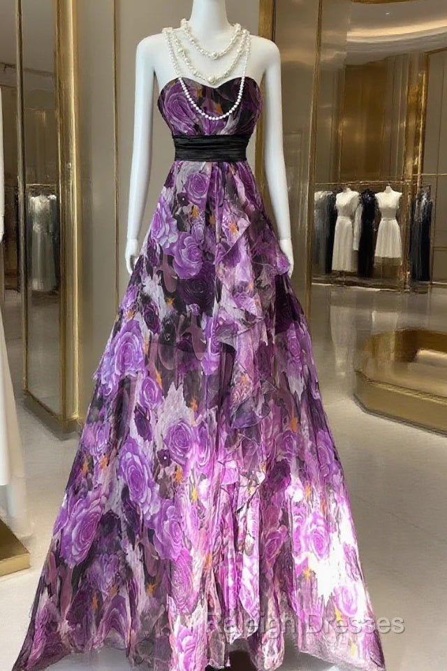 Vintage A Line Sleeveless Long Floral Chiffon Evening Dress Prom Dresses Main image