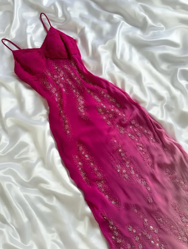 Vintage A-Line Spaghetti Strap Exquisite Beaded Ombre Chiffon Prom Dresses Wedding Guest Dresses