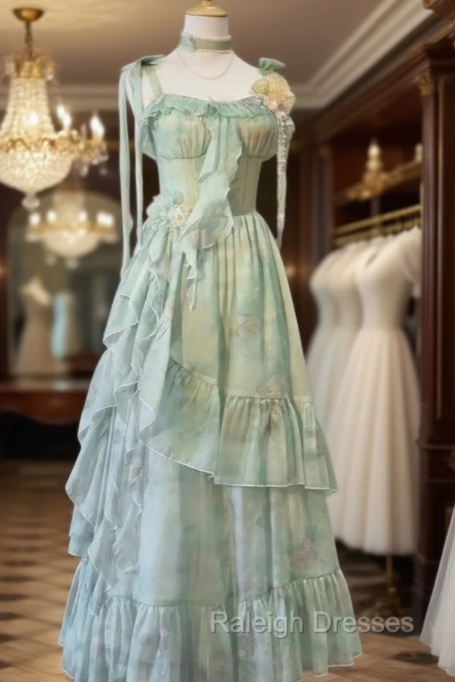 Vintage A Line Spaghetti Straps Green Floral Long Birthday Dresses Prom Dress Birthday Outfits Main image