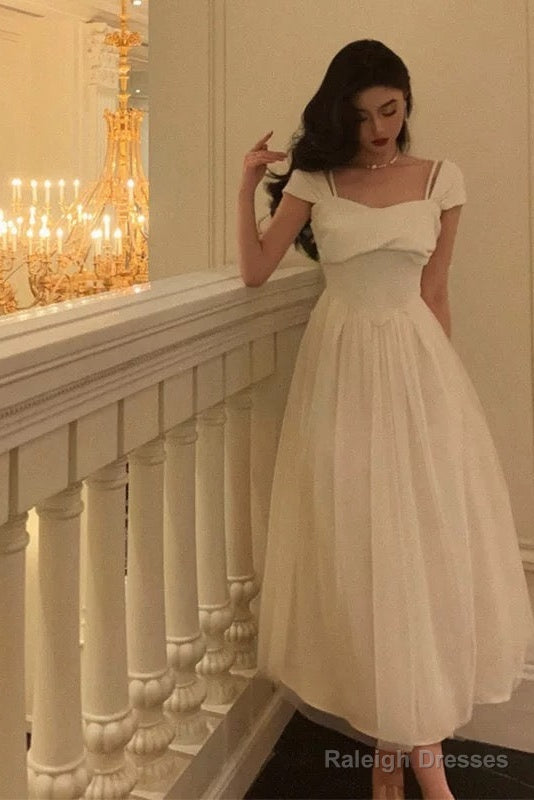 Vintage A-Line Spaghetti Straps Ivory Satin Prom Dress Prom Gown