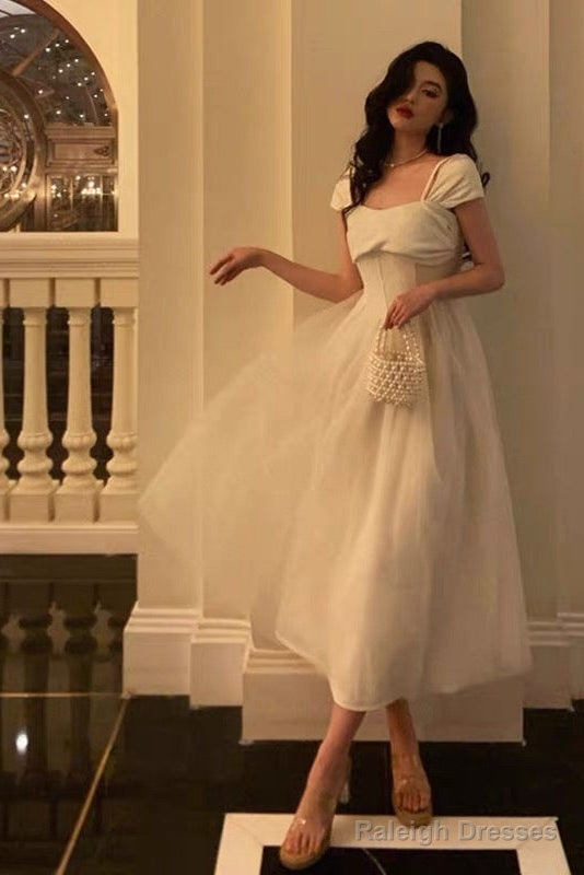 Vintage A Line Spaghetti Straps Ivory Satin Prom Dresses Evening Gowns Main image