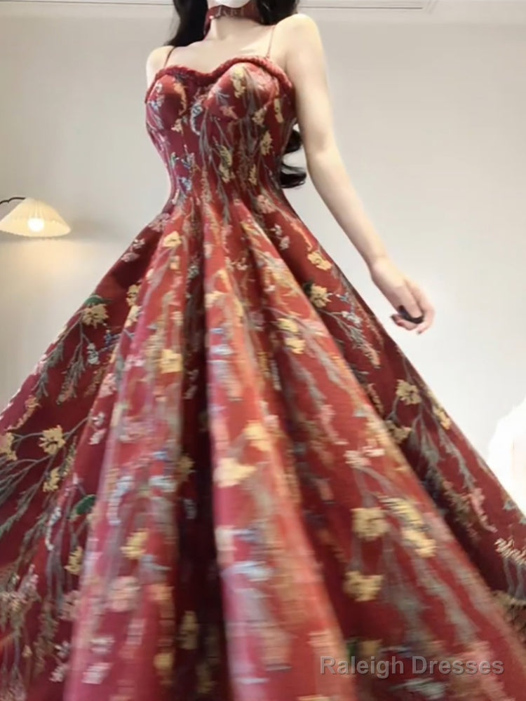 Vintage A Line Spaghetti Straps Red Floral Long Birthday Dresses Prom Dress Birthday Outfits Main image