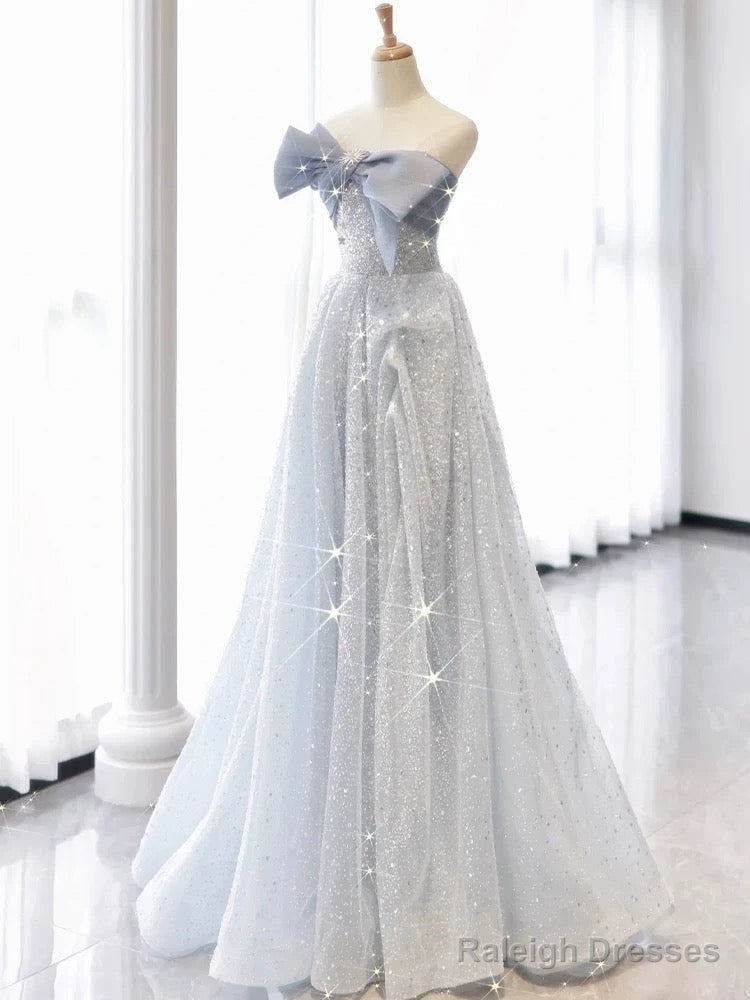 Vintage A Line Strapless Light Sky Blue Tulle Long Prom Dresses Party Evening Dress