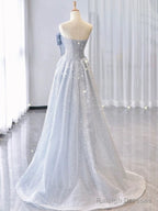 Vintage A Line Strapless Light Sky Blue Tulle Long Prom Dresses Party Evening Dress