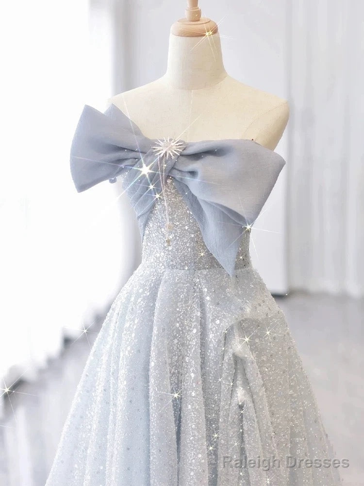 Vintage A Line Strapless Light Sky Blue Tulle Long Prom Dresses Party Evening Dress