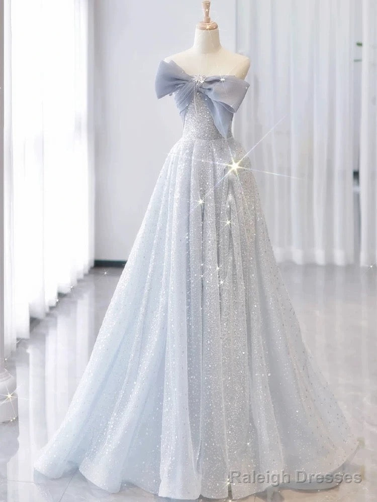 Vintage A Line Strapless Light Sky Blue Tulle Long Prom Dresses Party Evening Dress