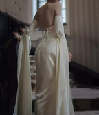 Vintage A-Line Strapless Long Sleeves White Silk Satin Backless Wedding Dress