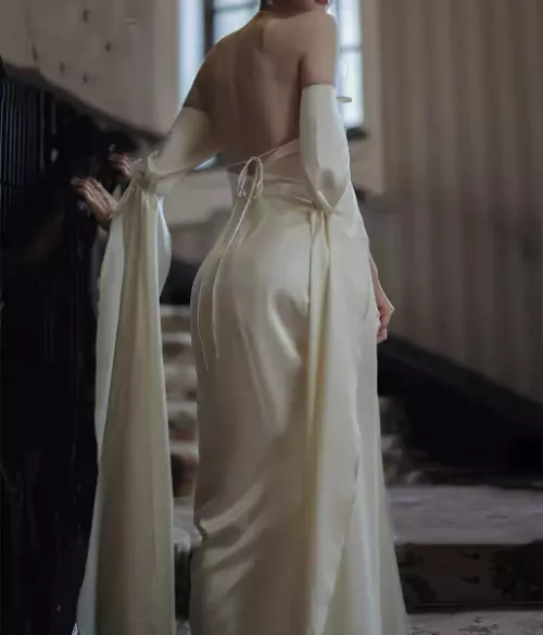 Vintage A-Line Strapless Long Sleeves White Silk Satin Backless Wedding Dress