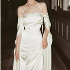 Vintage A-Line Strapless Long Sleeves White Silk Satin Backless Wedding Dress