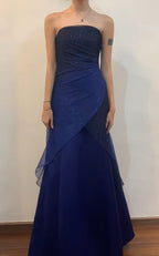 Vintage A Line Strapless Navy Blue Long Formal Prom Dress