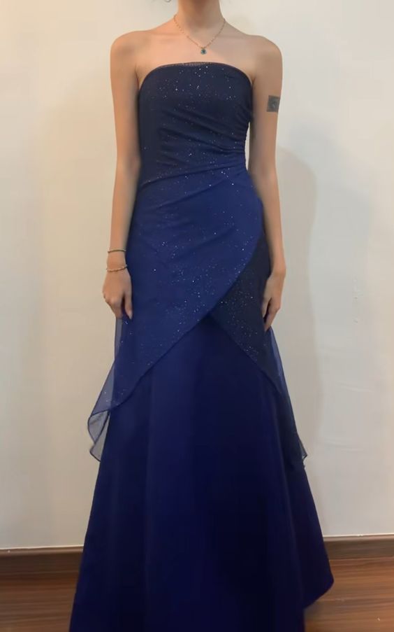 Vintage A Line Strapless Navy Blue Long Formal Prom Dress