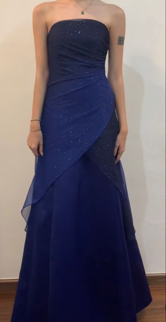 Vintage A Line Strapless Navy Blue Long Formal Prom Dress Main image