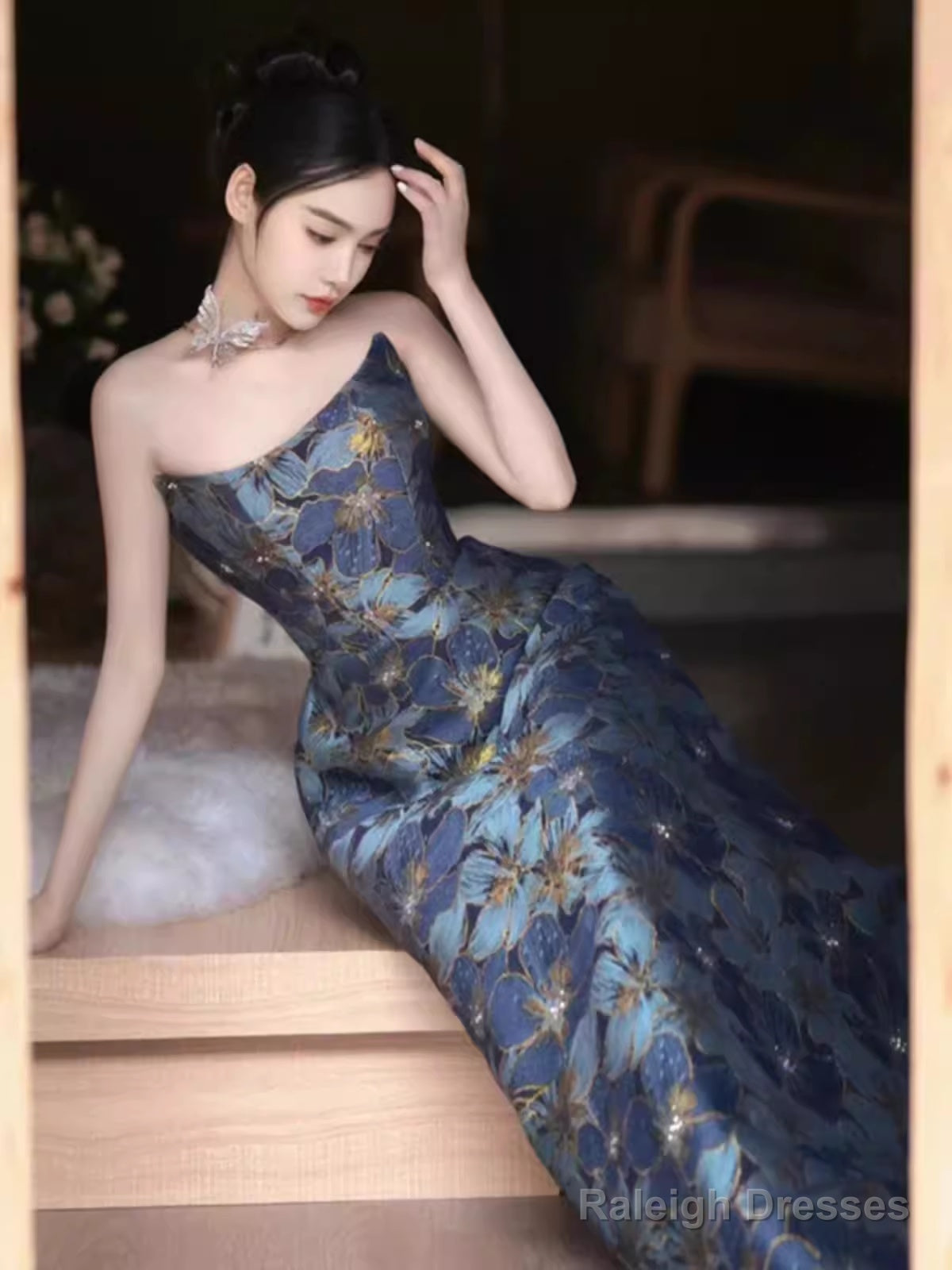 Vintage A Line Strapless Party Dresses Long Blue Prom Dresses Secondary image