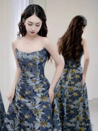 Vintage A Line Strapless Party Dresses Long Blue Prom Dresses