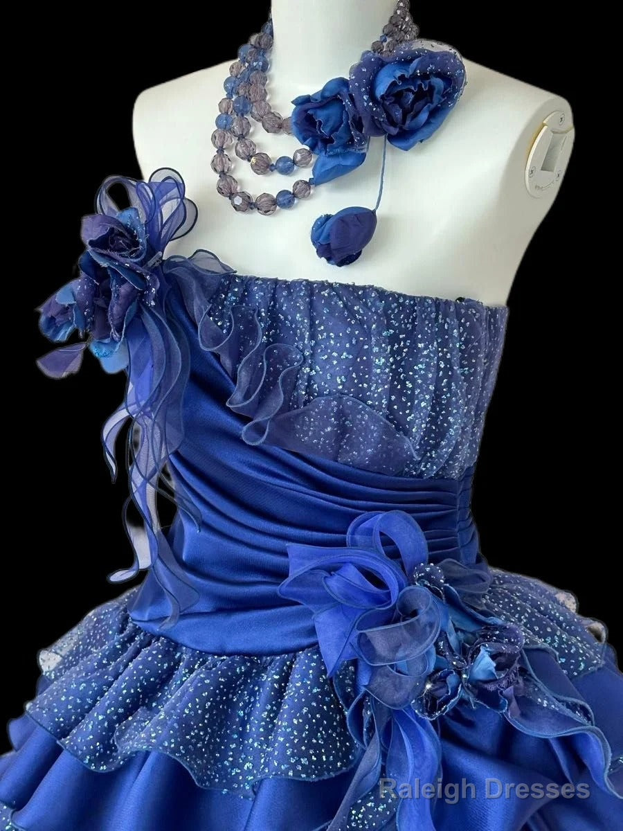 Vintage A-Line Strapless Satin Tulle Long Ball Dresses Klein Blue 3D Applique Prom Dresses