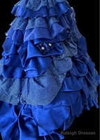Vintage A-Line Strapless Satin Tulle Long Ball Dresses Klein Blue 3D Applique Prom Dresses