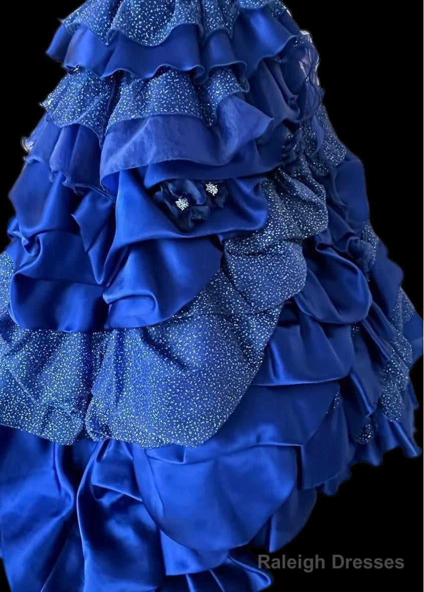 Vintage A-Line Strapless Satin Tulle Long Ball Dresses Klein Blue 3D Applique Prom Dresses