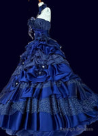 Vintage A-Line Strapless Satin Tulle Long Ball Dresses Klein Blue 3D Applique Prom Dresses